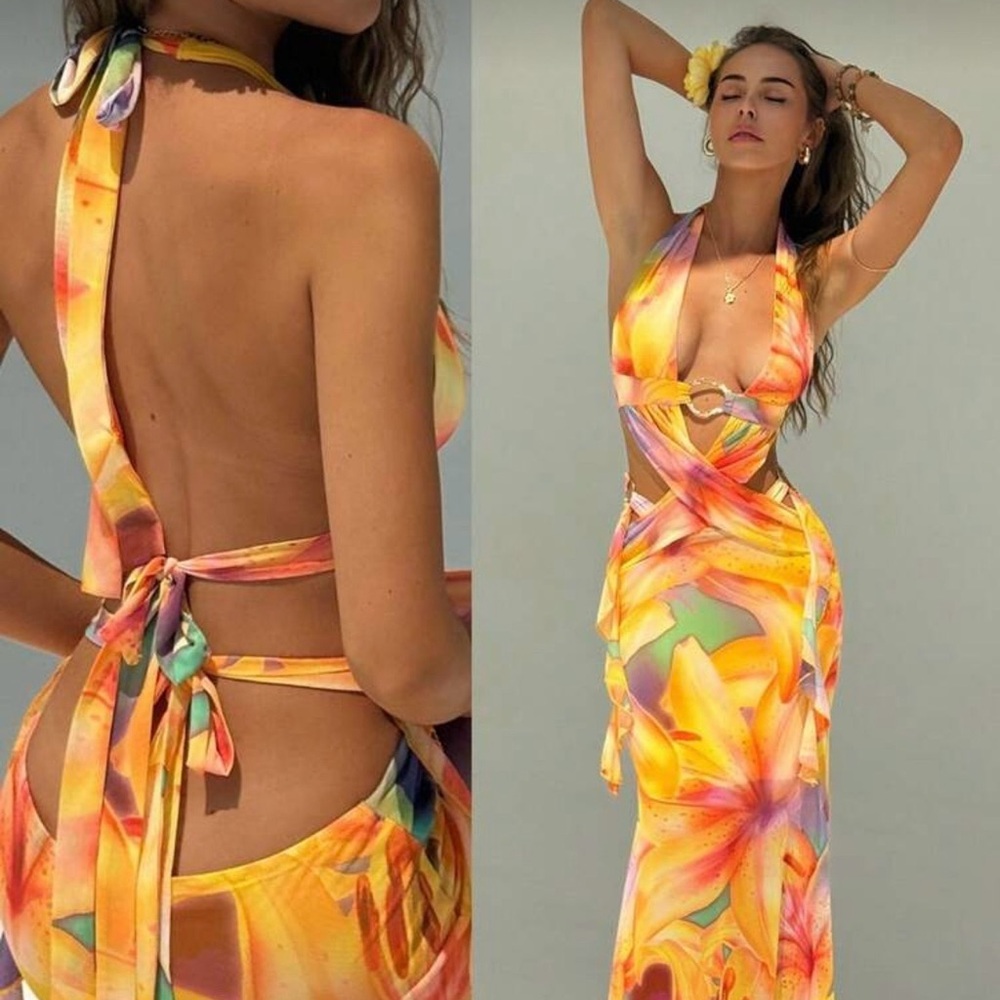 Vibrant Floral Halter Maxi Dress